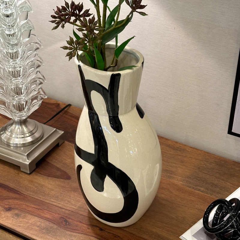 フラワーベース セラミック ホワイト ブラック ペイント H38cm 陶器製