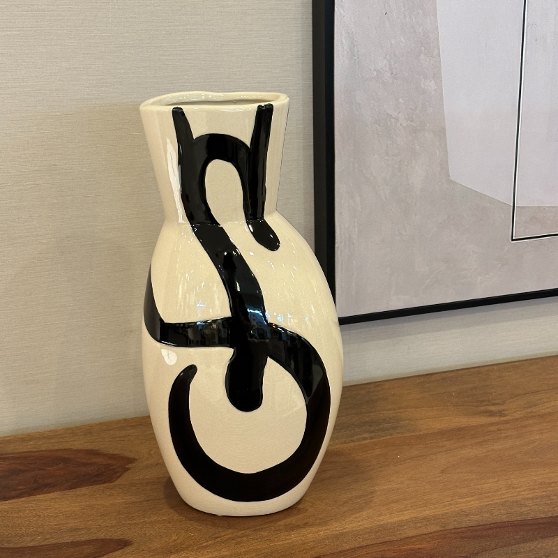 フラワーベース セラミック ホワイト ブラック ペイント H38cm 陶器製