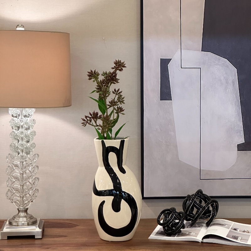 フラワーベース セラミック ホワイト ブラック ペイント H38cm 陶器製