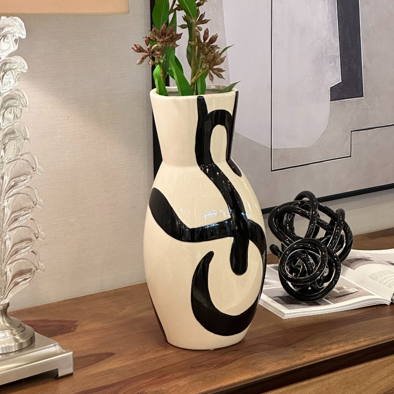 フラワーベース セラミック ホワイト ブラック ペイント H38cm 陶器製