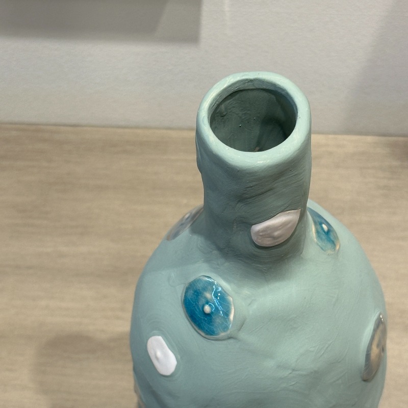 ドット柄 セラミックフラワーベース ミントブルー φ11.5