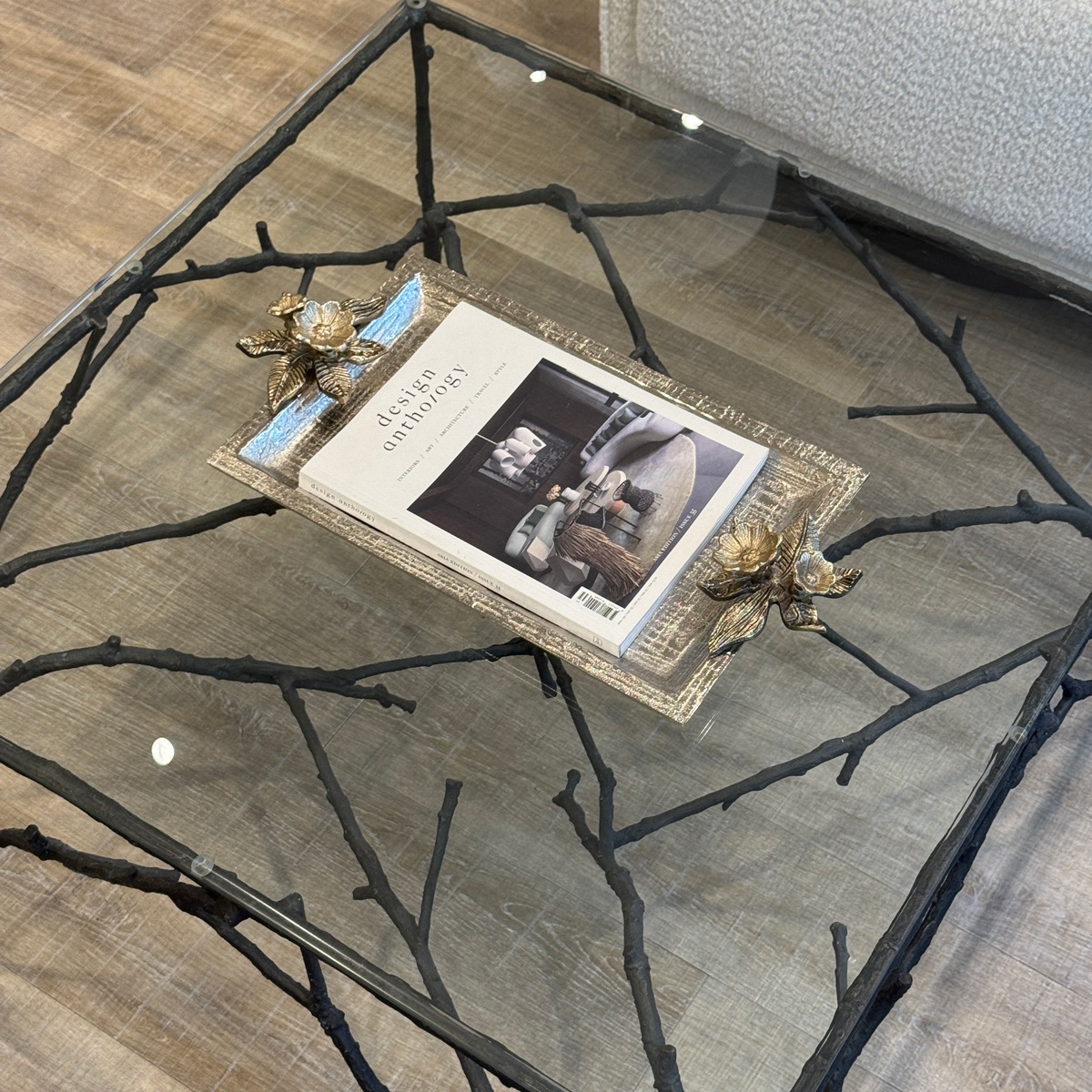 ブランチモチーフ アイアン×ガラス ローテーブル 77cm | 家具