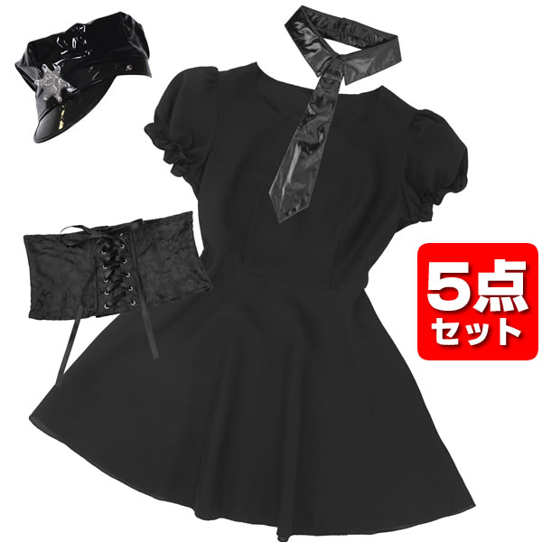 ポリス コスプレ 黒 ワンピース Tg パフスリーブポリス コスチューム ハロウィン レディース 帽子 手袋 女性用ハロウィンコスチューム お祭りコム