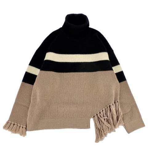 【SALE】CULLNI クルニ Asymmetrical Fringe Turtleneck Knit BLACK x FAWN 22-AW-040|ARCHIVE 完売商品