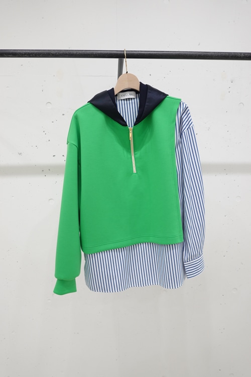 23SS】CULLNI クルニ High Count Cotton Shirt Docking Hoodie GREEN x 23SS】CULLNI クルニ High Count Cotton Shirt Docking Hoodie GREEN x