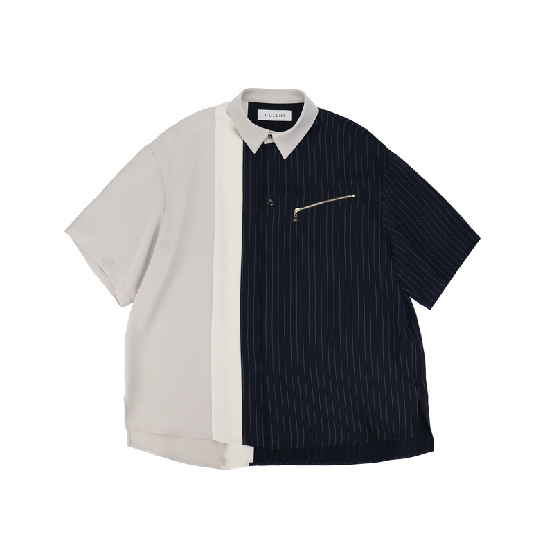 CULLNI クルニ Double Satin Bi Color Short Sleeve Shirt NAVY