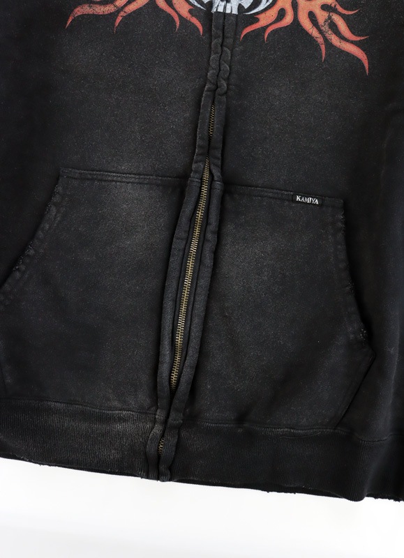 ��25AW��KAMIYA ���ߥ� "Skull Flame" Distressed Zip-up Hoodie �֥�å� G15HD073