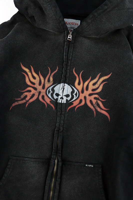 ��25AW��KAMIYA ���ߥ� "Skull Flame" Distressed Zip-up Hoodie �֥�å� G15HD073