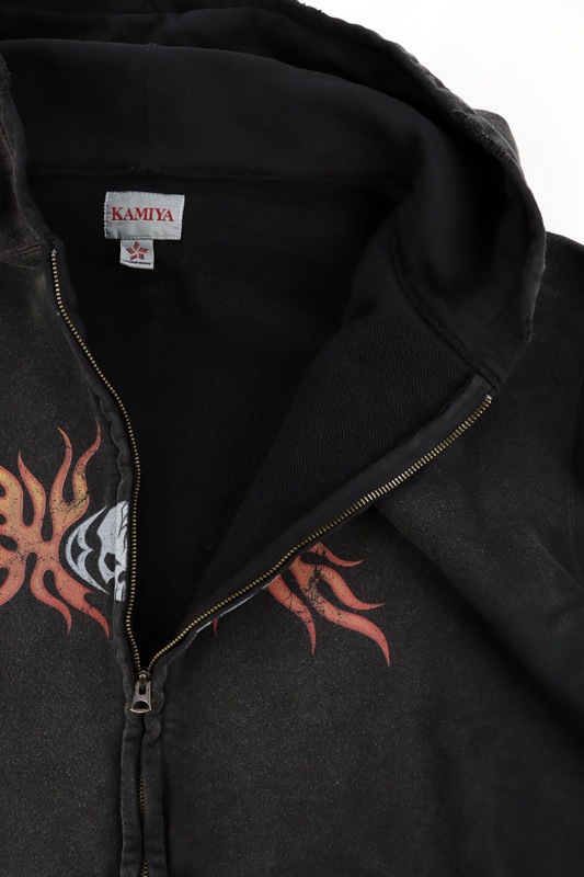 ��25AW��KAMIYA ���ߥ� "Skull Flame" Distressed Zip-up Hoodie �֥�å� G15HD073