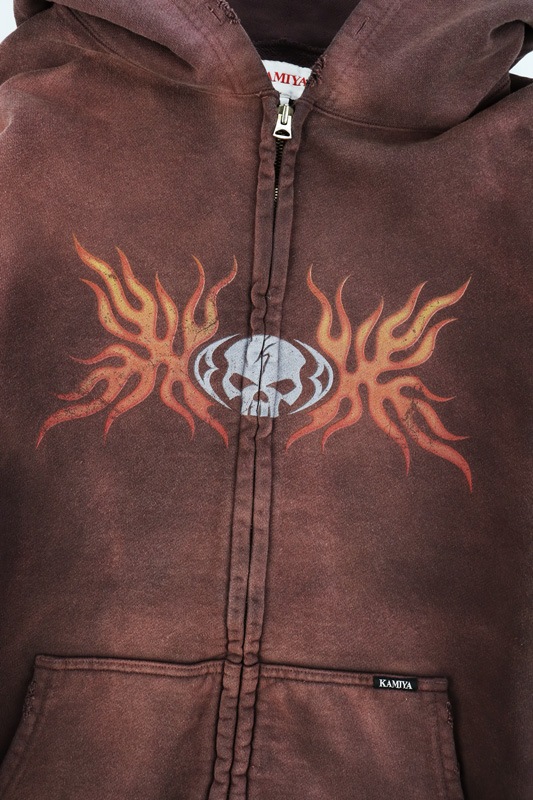 ��25AW��KAMIYA ���ߥ� "Skull Flame" Distressed Zip-up Hoodie �֥饦�� G15HD073