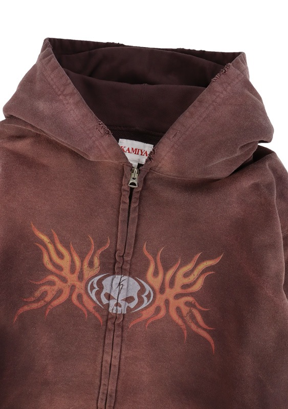 ��25AW��KAMIYA ���ߥ� "Skull Flame" Distressed Zip-up Hoodie �֥饦�� G15HD073