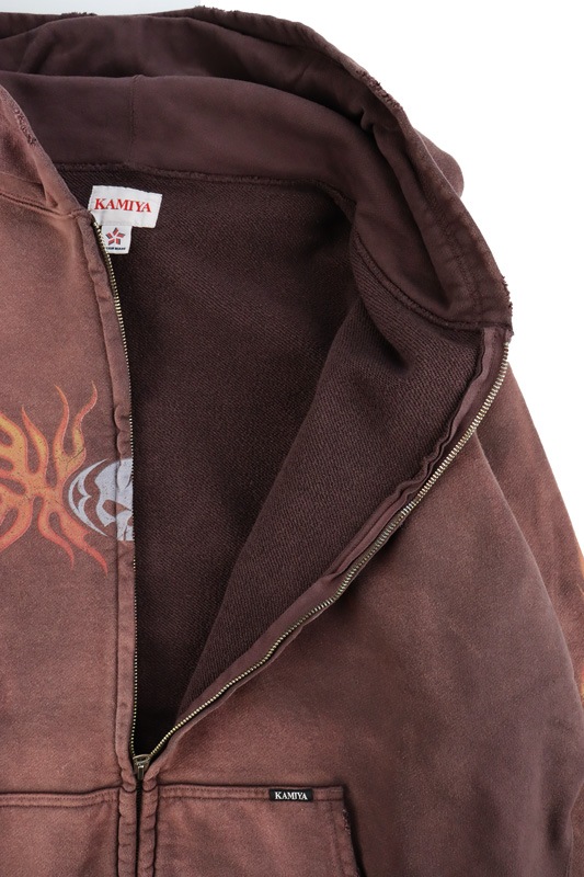 ��25AW��KAMIYA ���ߥ� "Skull Flame" Distressed Zip-up Hoodie �֥饦�� G15HD073