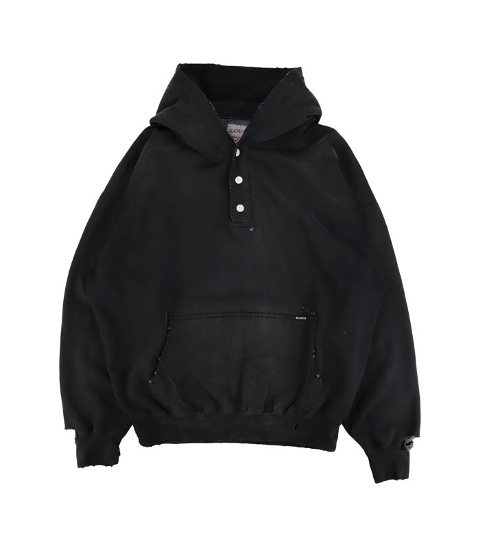 ��25AW��KAMIYA ���ߥ� Distressed Henry Neck Hoodie �֥�å� G15HD077
