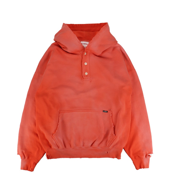 25AW】KAMIYA カミヤ Distressed Henry Neck Hoodie オレンジ G15HD077