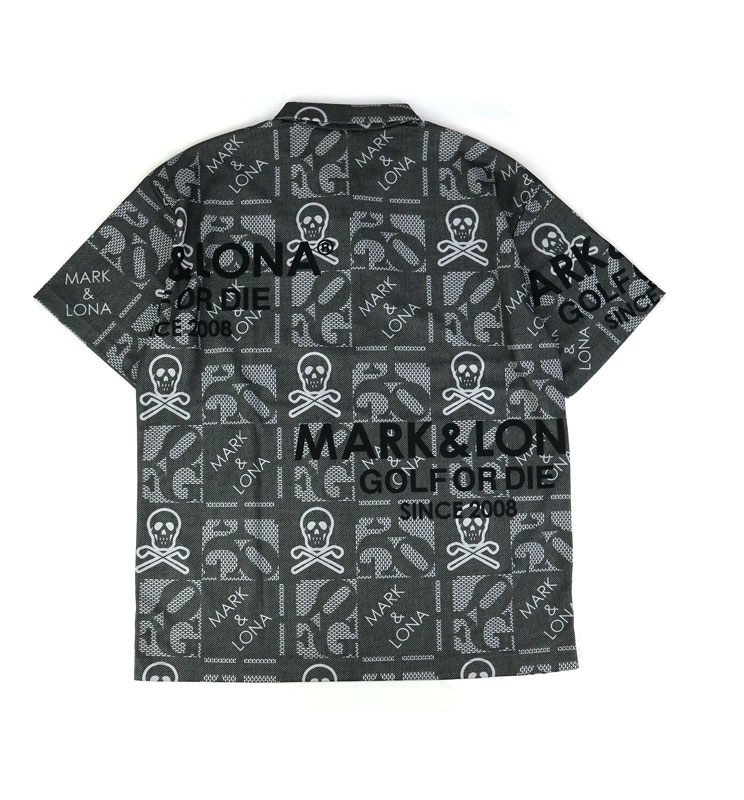 MARK&LONA マークアンドロナ 半袖ポロシャツ 黒×白 斜めロゴ総柄