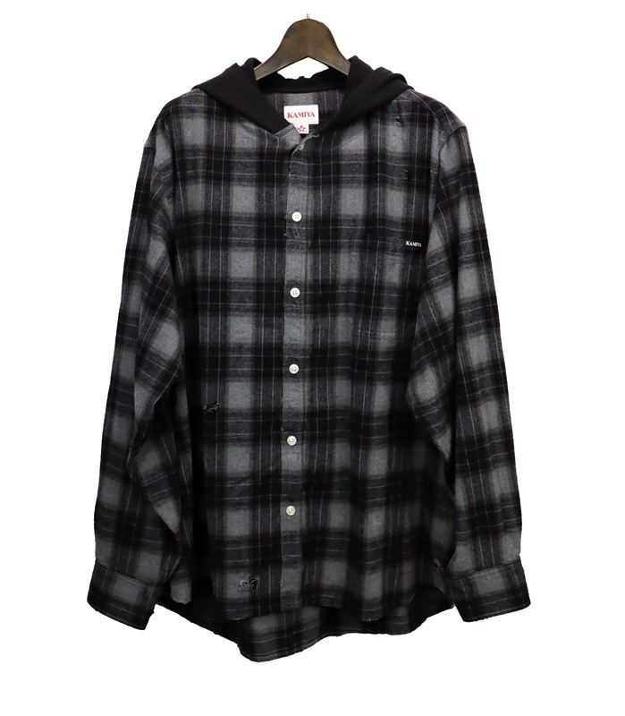 25AWKAMIYA ߥ Hooded Check Shirt ֥å G15SH055