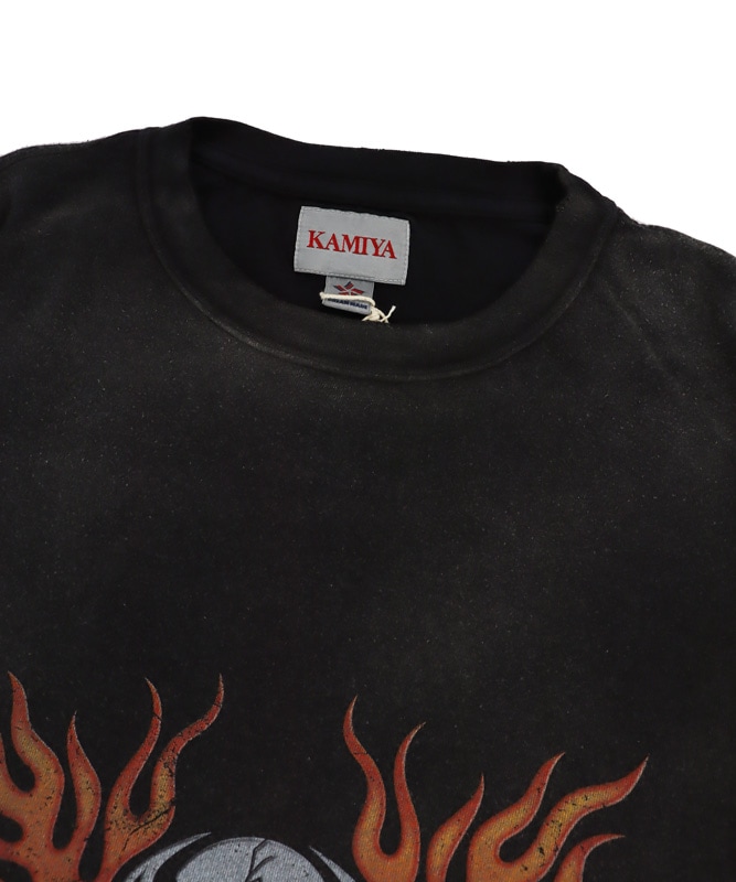 ��30%OFF��KAMIYA ���ߥ� "Skull Flame�� Distressed L/S T-shirt �֥�å� G15LT081