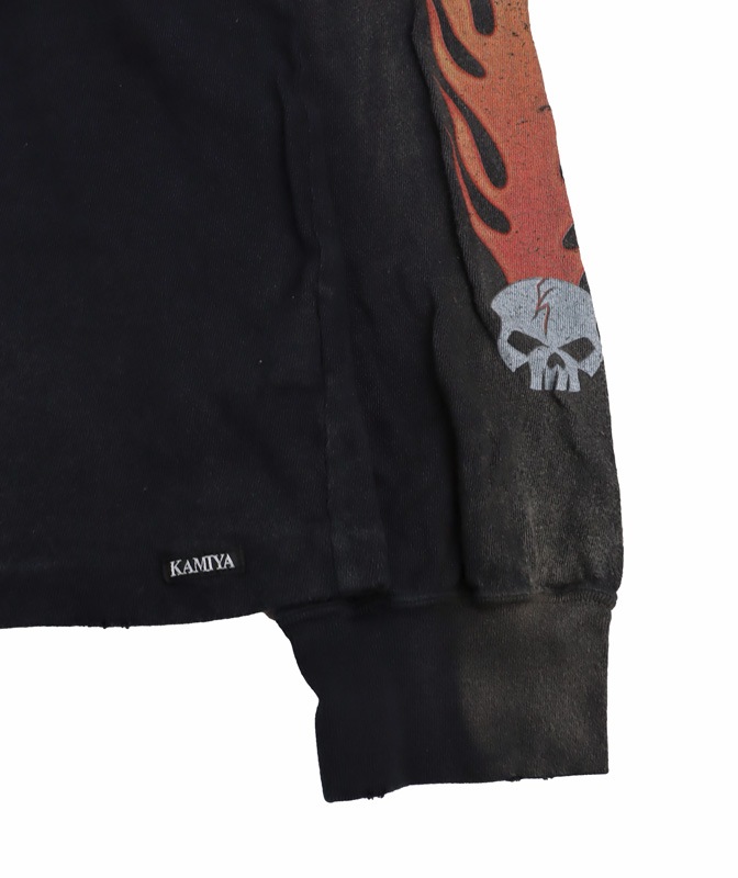 ��30%OFF��KAMIYA ���ߥ� "Skull Flame�� Distressed L/S T-shirt �֥�å� G15LT081