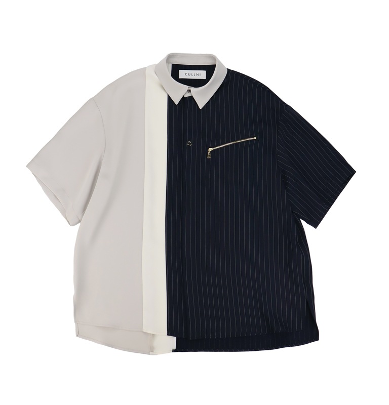 CULLNI ����� Double Satin Bi Color Short Sleeve Shirt NAVY STxGRAY 25-SS-032