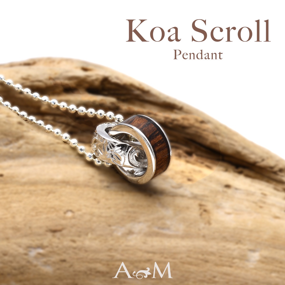 【Hawaii jewelry】ハワイコアウッド・ペンダントトップ コアウッド スクロール ペンダント ロジウムコーティング