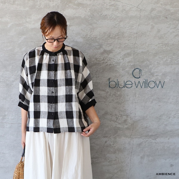 【blue willow】リネン100％ ブロックチェック柄ドルマンブラウス blue willow ブルーウィロウ リネンブロックチェックドルマン