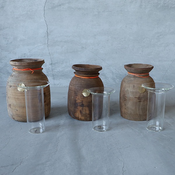 PUEBCO VINTAGE WOODEN POT W/GLASS CYLIND プエブコ 木製