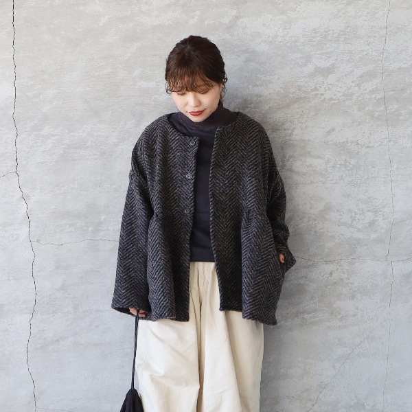 NARU ナル スライバーニットヘリンボーン柄フレアジャケット ゆう