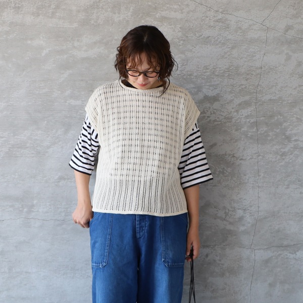 sabbatum サバタム コットンニット透かし編みクルーネックベスト