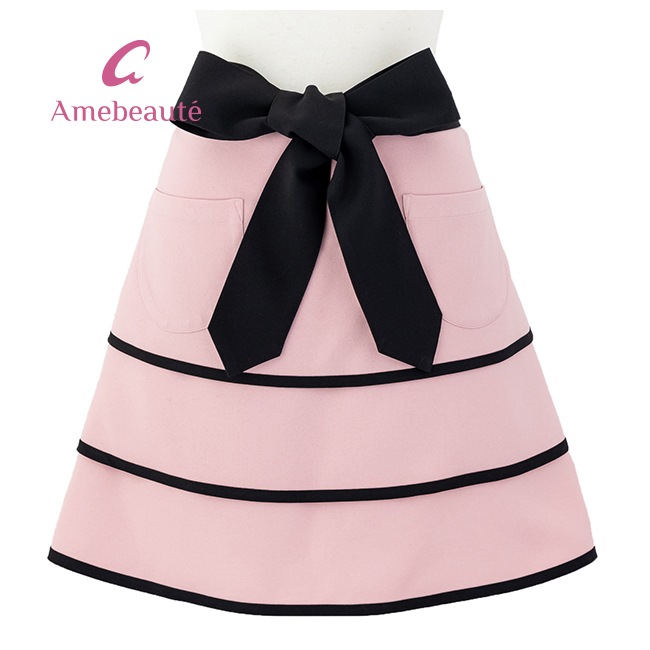 ロータスピンク＆ブラックティアードフレアーサロンエプロン ATSL04