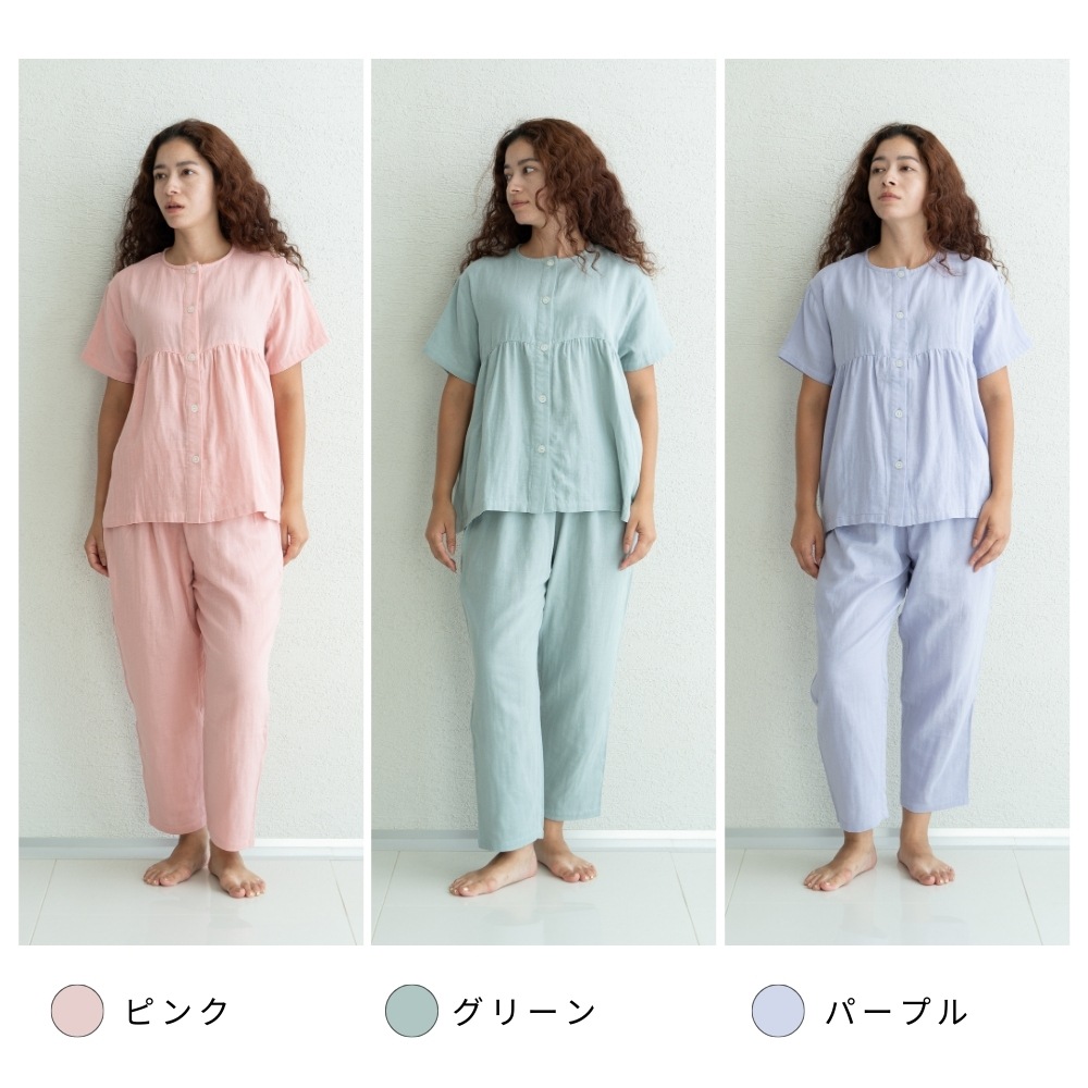【会員様20%OFF】着る保湿クリーム 2025春夏 Wガーゼ 5分袖前明きギャザー切替スリーピングウェア レディース S/M/L/LLサイズ