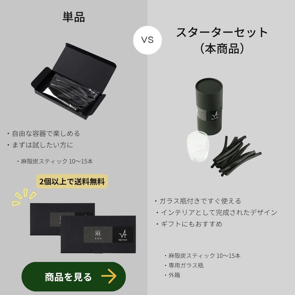 ROOT FOUR ルートフォー 麻殻炭スティック スターターセット 長さ約9センチ 10～15本入り ガラス瓶 国産 