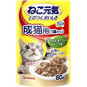 ねこ元気パウチ 成猫用 ささみ・まぐろ入りかつお 60g ユニチャーム
