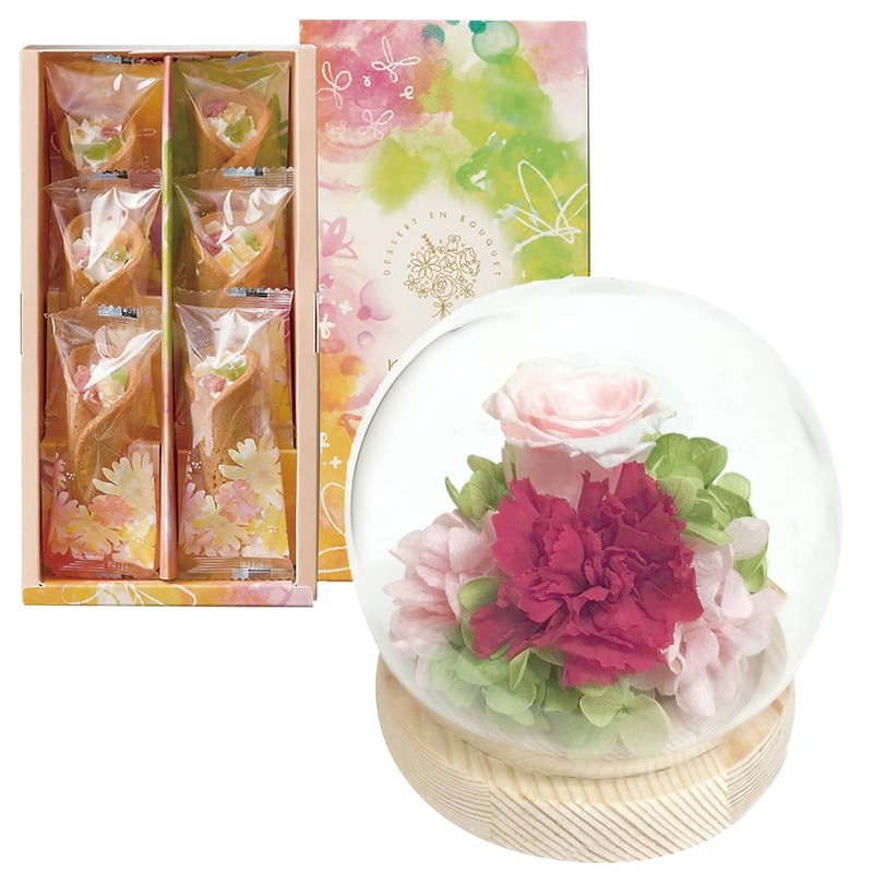 母の日 スフィアドームアレンジメント 咲(さき)ピンク＆花束のデザート6個入ギフトセット