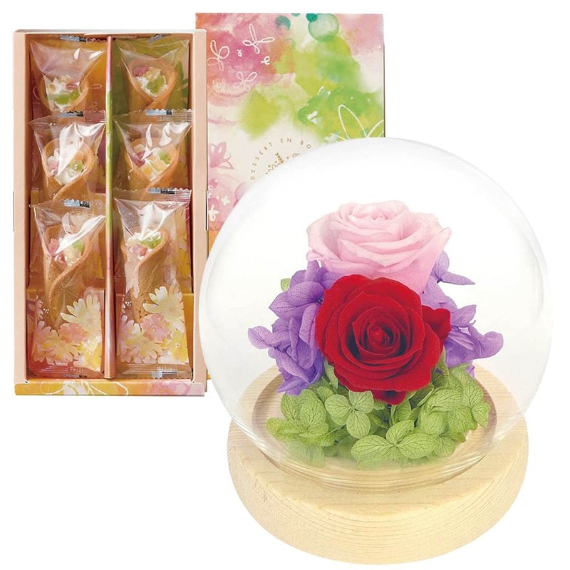 母の日 スフィアドームアレンジ 希(のぞみ)ピンク＆花束のデザート6個入ギフトセット