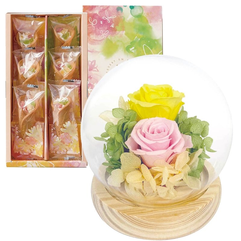 母の日 スフィアドームアレンジ 希(のぞみ)イエロー＆花束のデザート6個入ギフトセット