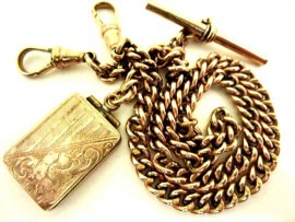 英国アンティーク 12CT YELLOW R.GOLD ダブルアルバートチェーン ロケットフォブ 葉模様 ネックレス 懐中時計33.6g ビクトリア期|懐中時計チェーン