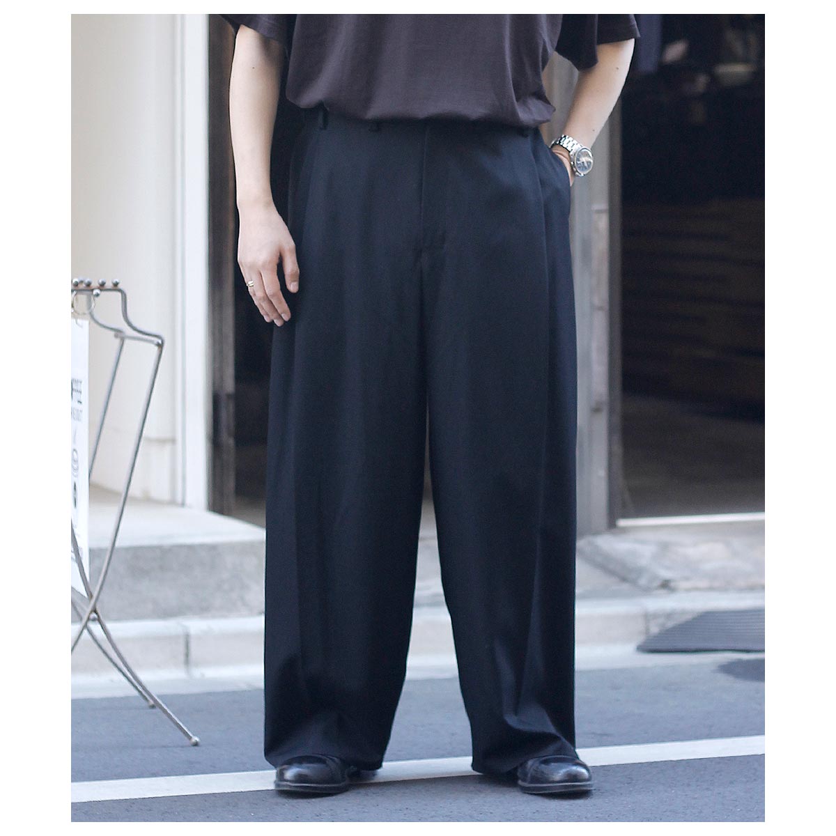 �ΥΥå� NONNOTTE ������ ����Х��� �ɥ졼�ԥ� ������ �ܥå��� �ץ꡼�� �ȥ饦���� Wool Gabardine Draping Crotch Box Pleats Trousers (N-25A-027)