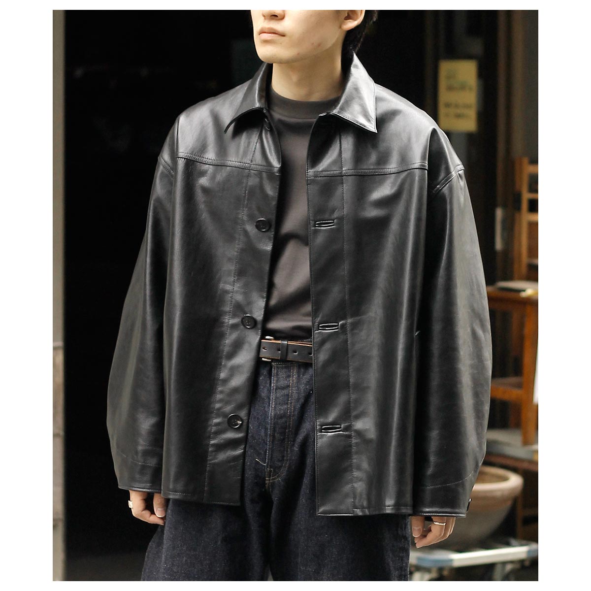 ����ƥ�� INTERIM �ե�٥����֥륿��˥� �����ȥ쥶�� �ϥ��ѡ��ӥå� ���������� FULL VEGETABLE TANNED GOAT LEATHER  HYPER BIG CAR COAT (IT25A002)