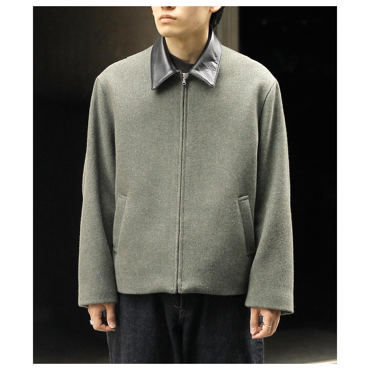 ƥ INTERIM إӡ ֥ե   ե ǥåɥȥå 쥶顼 ϥȥ 㥱å HEAVY DOUBLE FACED MELANGE WOOL FELT DEADSTOCK LEATHER COLLAR HARRINGTON JACKET (IT25A103)