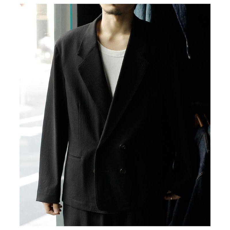 ����ƥ�� INTERIM ������ ���졼�� ���֥� �١��� �ǥåɥ��ȥå� �ե��֥�å� �ѥ��ԥ� ���֥� ���㥱�å� WOOL CREPE SABLE VOILE DEADSTOCK FABRIC PIPING DOUBLE JACKET (IT26S017)