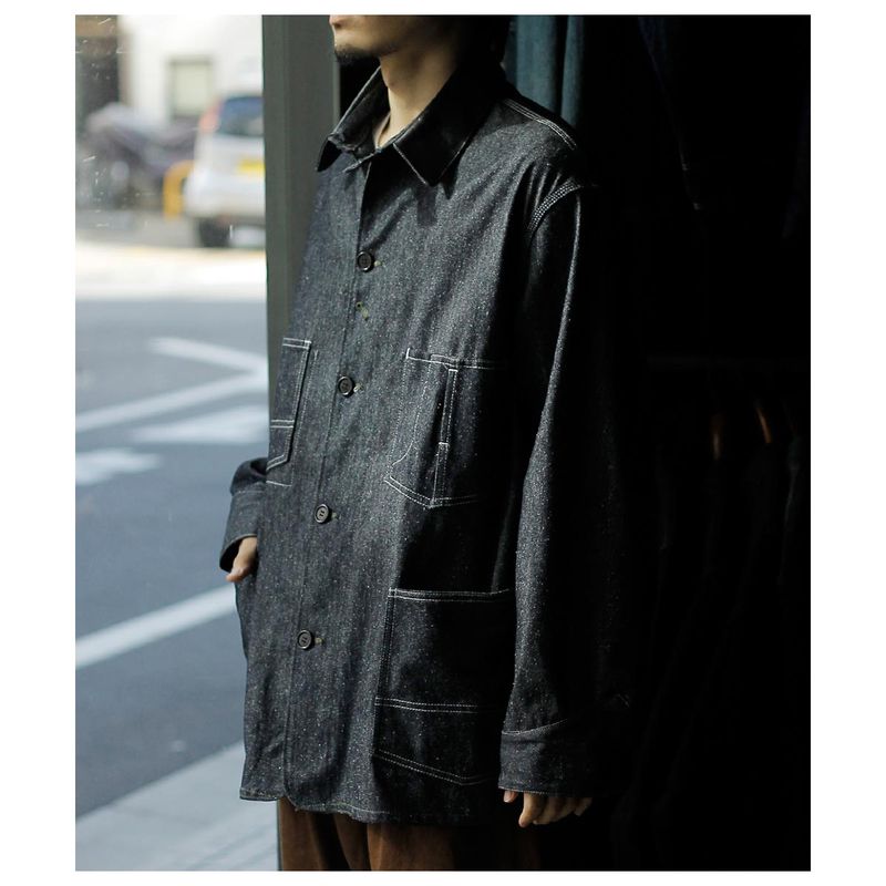 ����ƥ�� INTERIM ������ �쥶�� ���륯 �Υ��� �ǥ˥� 1st �إ饯�쥹 ���С�������  GOAT LEATHER COLLAR SILK NOIL DENIM 1st HERCULES COVERALL (IT26S043)