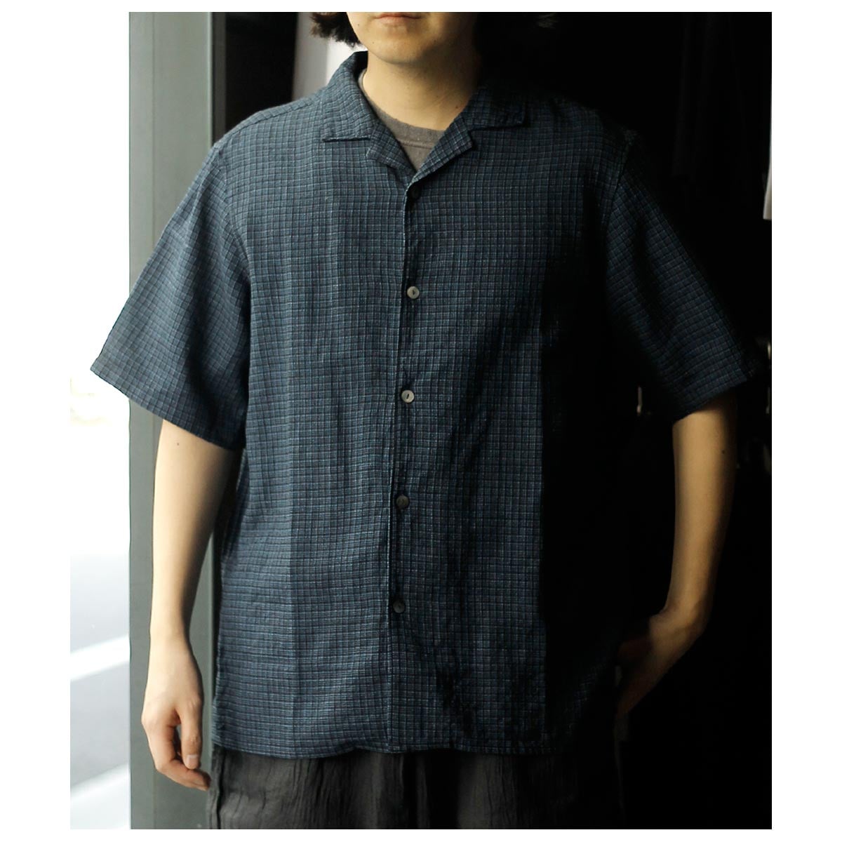 Plusmixpheetaシャツ ミッタン MITTAN 毛亜麻格子開襟シャツ WOOL FLAX PLAID OPEN COLLAR
