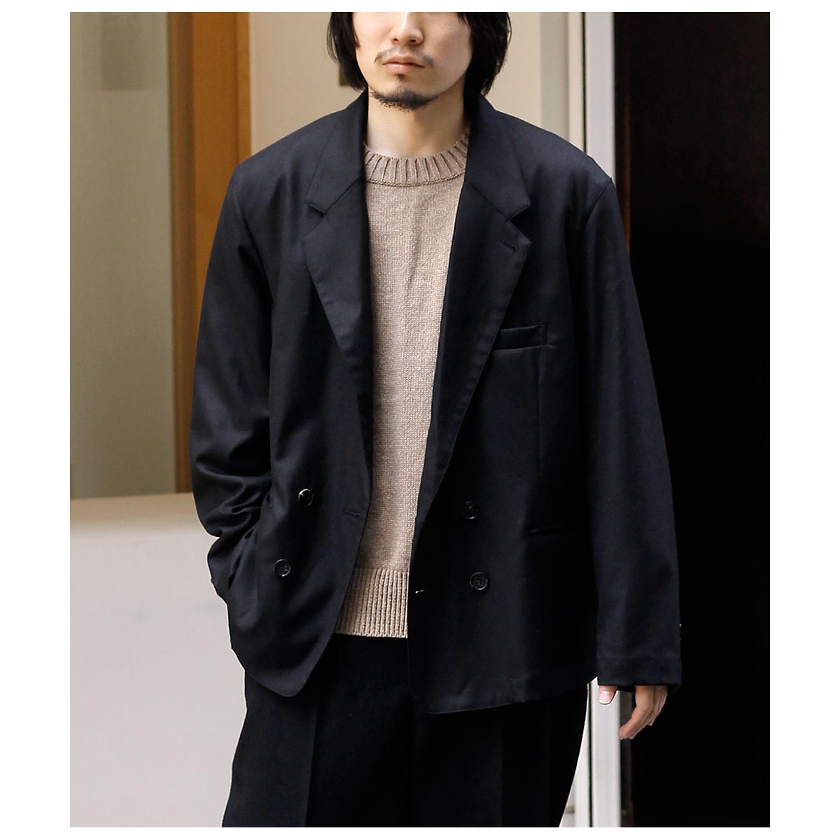 インテリム INTERIM 2/80 スーパー120'S ライト ウール フラノ レザー パイピング ダブル ジャケット 2/80 SUPER 120'S LIGHT WOOL FRANO LEATHER PIPING DOUBLE JACKET (IT26A029)