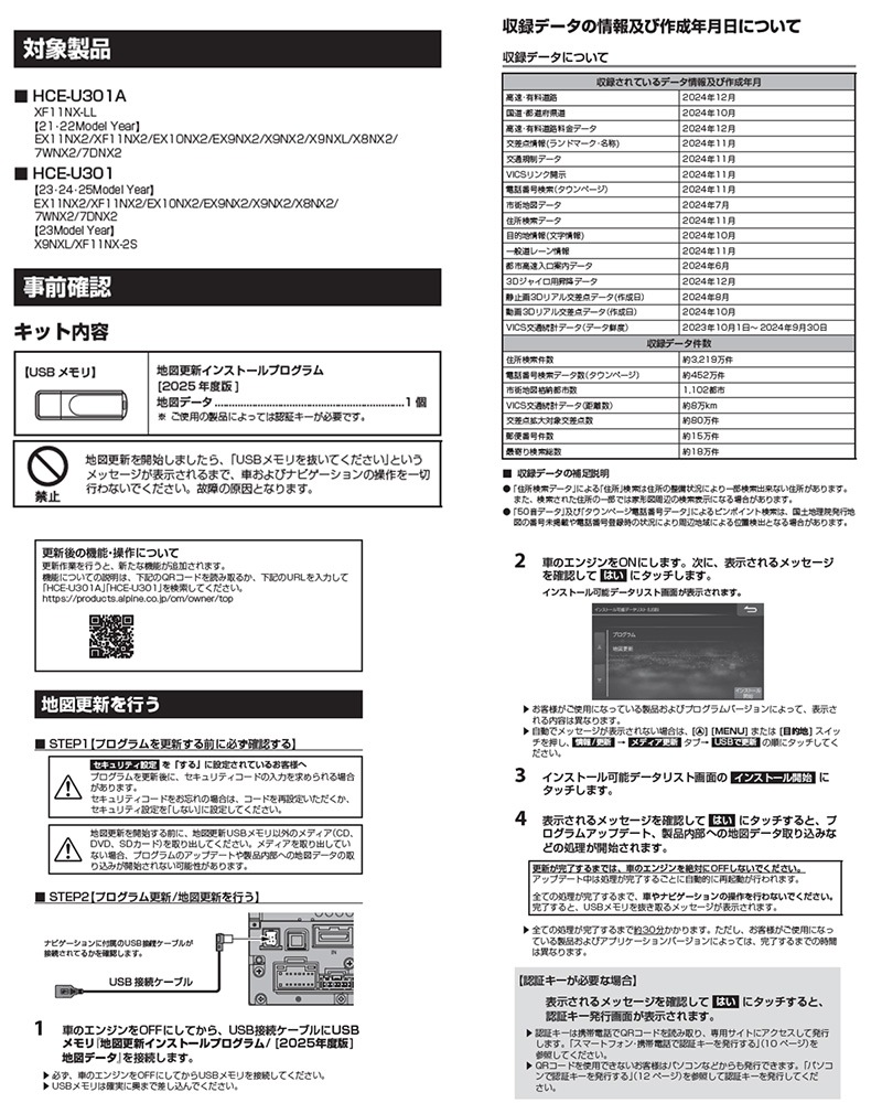 HCE-U301A ALPINE アルパイン 2025年度版 全国地図更新USB 2021年/2022
