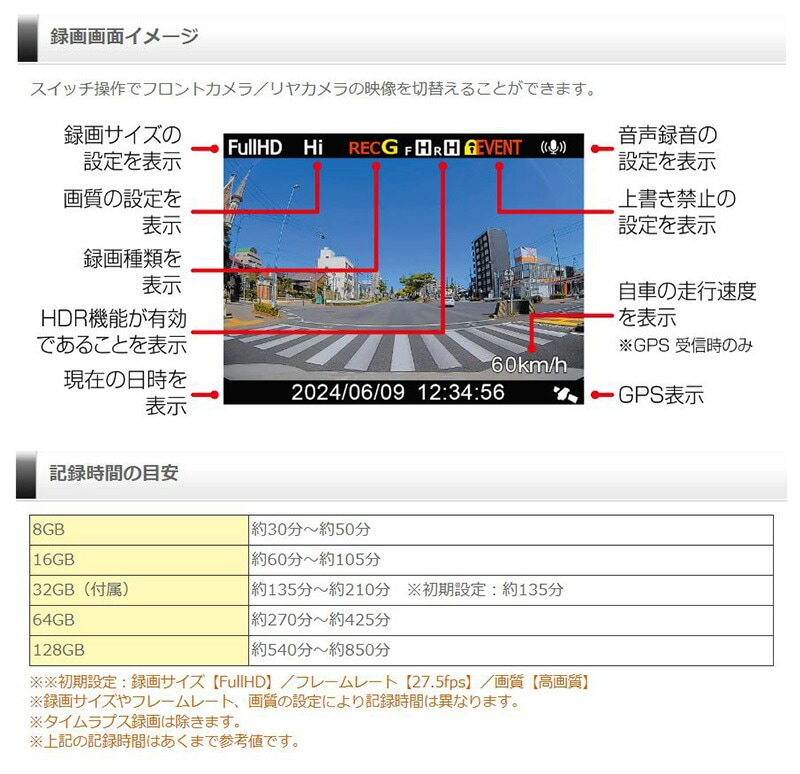 ドライブレコーダー ZDR018 200万画素 GPS付き コムテック ZDR018 ドライブレコーダー 前後2カメラ 200万画素
