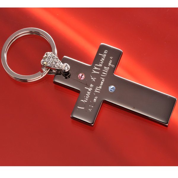 名入れ クロスキーホルダー・Wジュエリー埋込