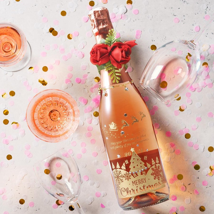 名入れ クリスマスギフト　ロゼ・スパークリング・シャンパン　ラインストーン ブレスレット付