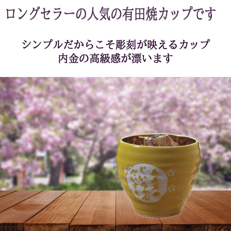 【在庫限り】名入れ 有田焼 お祝い内金 和みカップ 黄 魔王の蔵元 さつまの梅酒 720ml セット