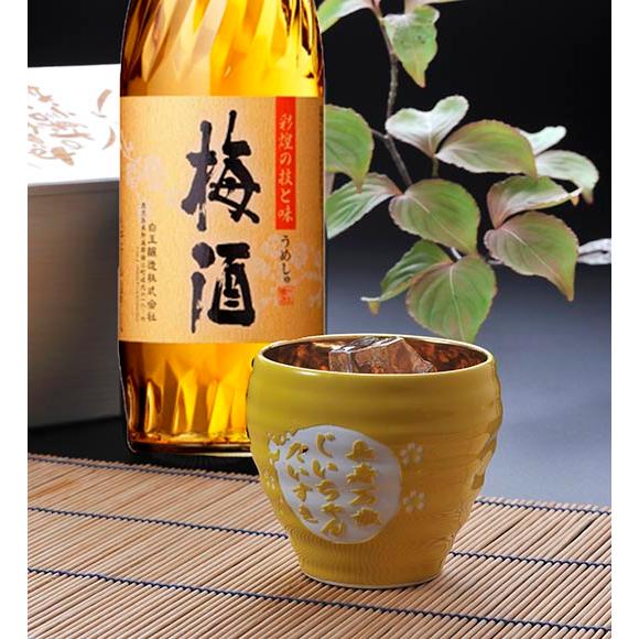 【在庫限り】名入れ 有田焼 お祝い内金 和みカップ 黄 魔王の蔵元 さつまの梅酒 720ml セット