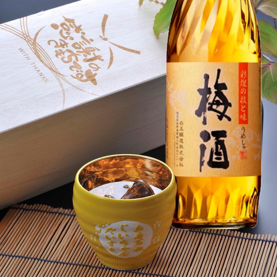 【在庫限り】名入れ 有田焼 お祝い内金 和みカップ 黄 魔王の蔵元 さつまの梅酒 720ml セット